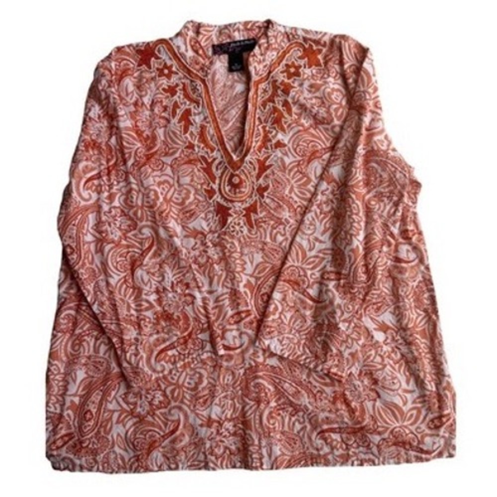 Peck & Peck Orange Paisley Beaded Sequin Cotton Tunic Blouse XL
